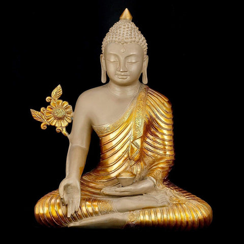 Meditating Lord Buddha Brass Idol With Scared Kalash Statue 