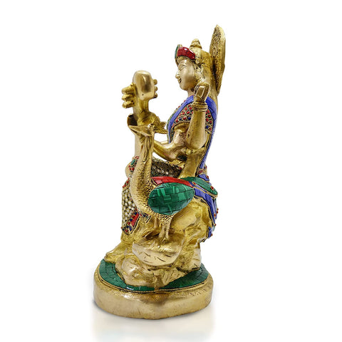 Saraswati Brass Idol with Stone Hand Work
