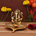 Decorative Ganesha Idol On Leaf Diya Oil Lamp Stand Showpiece