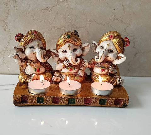 Triple Tie Ganesha Ceramic Candle Holder Figurine