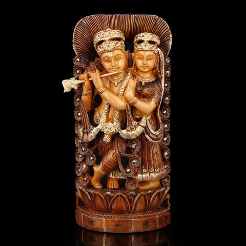 Hindu God Radha Krishna Statue With Flute Wooden Idol