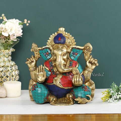 Brass Ganesh Statue With Inlay Work On Body Decorative Idol