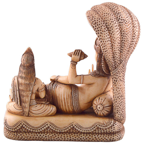 Handmade Wood Vishnu & Lakshmi With Five Hood Snake Statue