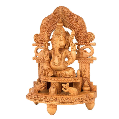 Lord Ganpati Sitting on Singhasan Wooden Figurine