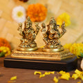 Brass Laxmi Ganesha Idol Murti Sitting On Wooden Base Statue