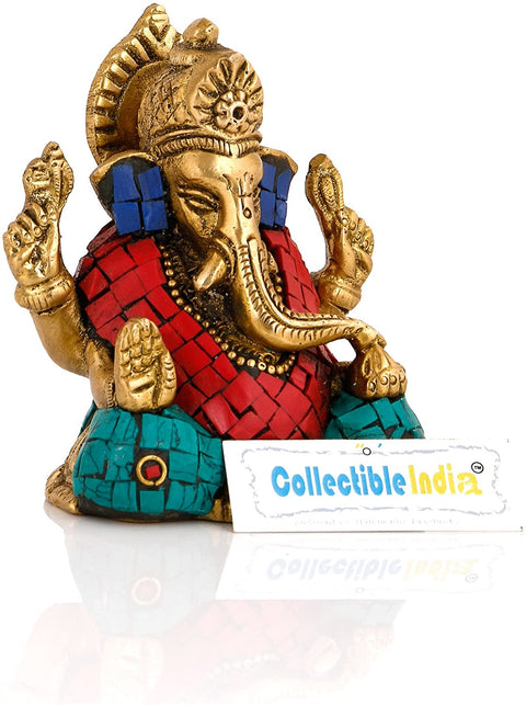 Small Statue of Lord Ganesha in Solid Brass with Stone Work