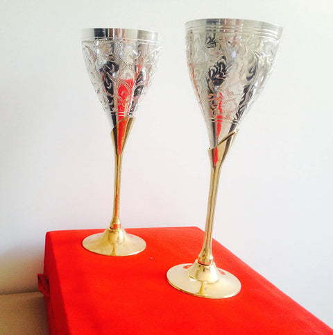 Brass Royal Gold and Silver Plated Flute Wine Glass Set (Set Of 2) 