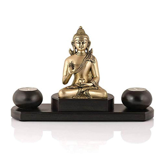 Blessing Buddha Brass Idol On Wooden Base With Tealight Candle Holder Statue