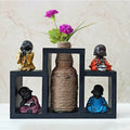 Set Of 4 Buddha Monks Statue With Wooden Base And Glass Flower Pot