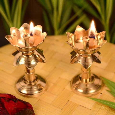 Brass Lotus Shape Pillar Diya Oil Lamp Stand Showpiece (Set Of 2)