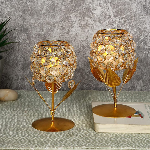 Metal & Crystal Golden Rose Tea Light Candle Holder Stand