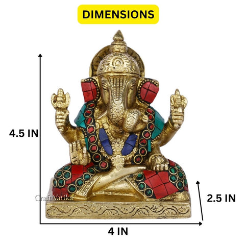 Sitting On Base Blessing Ganesh Idol Statue Brass With Turquoise Gemstones Gts164