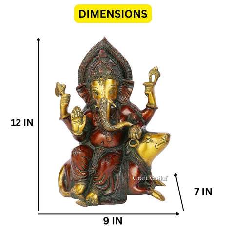 Brass Sitting On Mouse Blessing Ganesh Idol Statue Gbs201