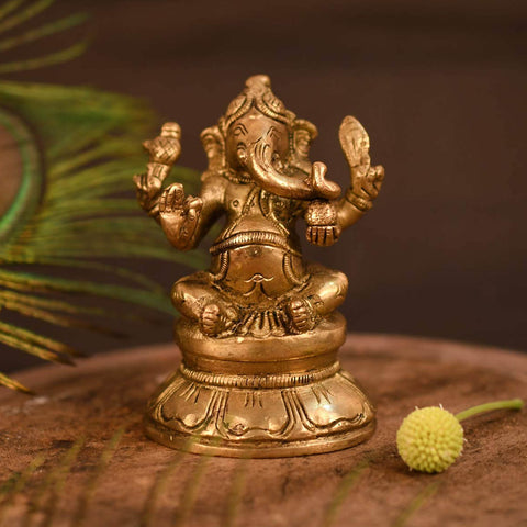 Brass Blessing Ganesh Ji on Round Base Idol Murti