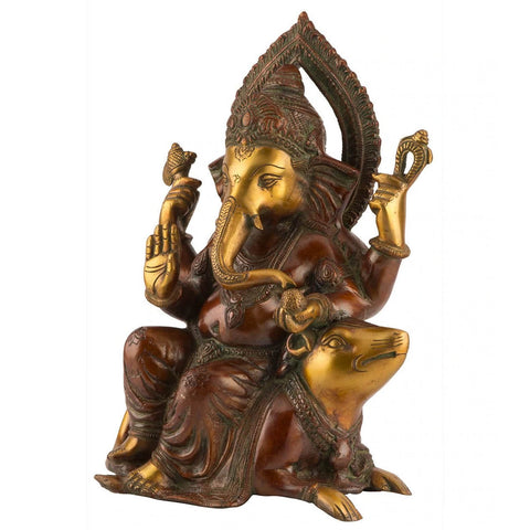 Brass Sitting on Mouse Blessing Ganesh Idol Statue