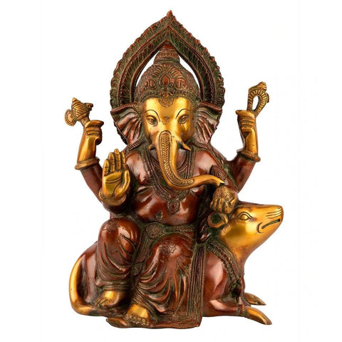 Brass Sitting on Mouse Blessing Ganesh Idol Statue