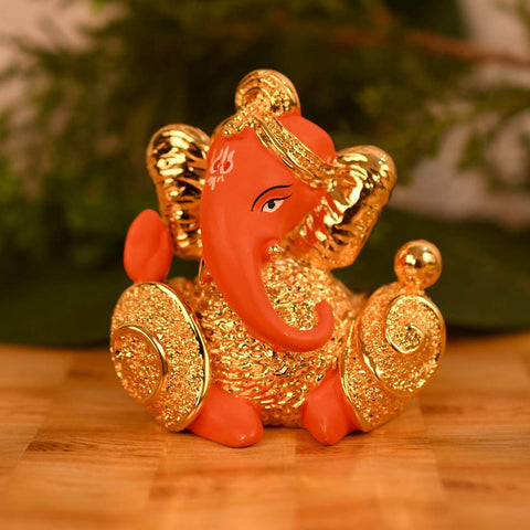 Gold Plated Red Terracotta Ganesh Idol