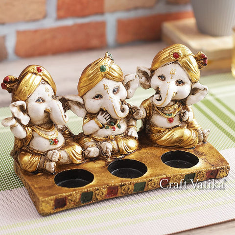 Triple Tie Ganesha Ceramic Candle Holder Figurine