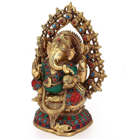 Blessing Ganesha Idol Sculpture sitting on Singhasan statue