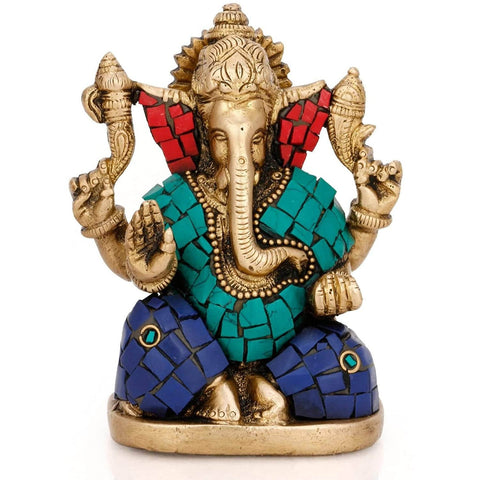 Brass Blessing Ganesh Chaturbhuj Posing Idol Murti