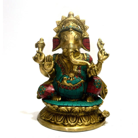 Large Brass Lord Ganesh Idol Sitting on Lotus Statue