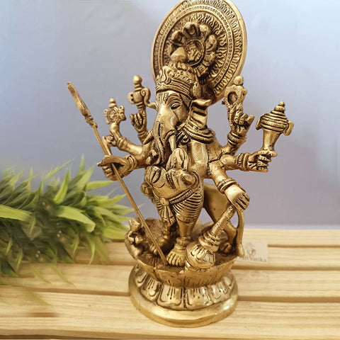 Kan Drishti Ashtabhuja-dhari Ganesha Brass Idol in Standing Position Statue