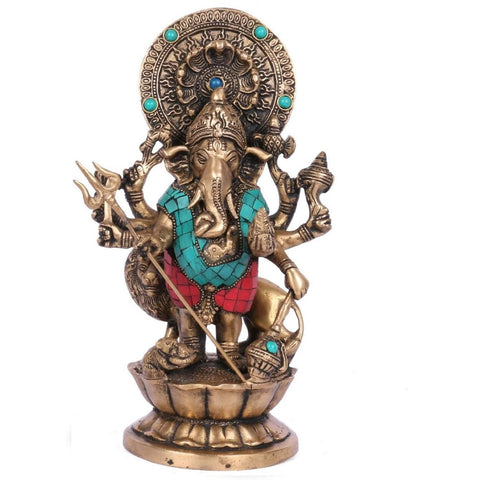 Brass Kan Drishti Ashtabhuja-dhari Ganesh Idol Statue