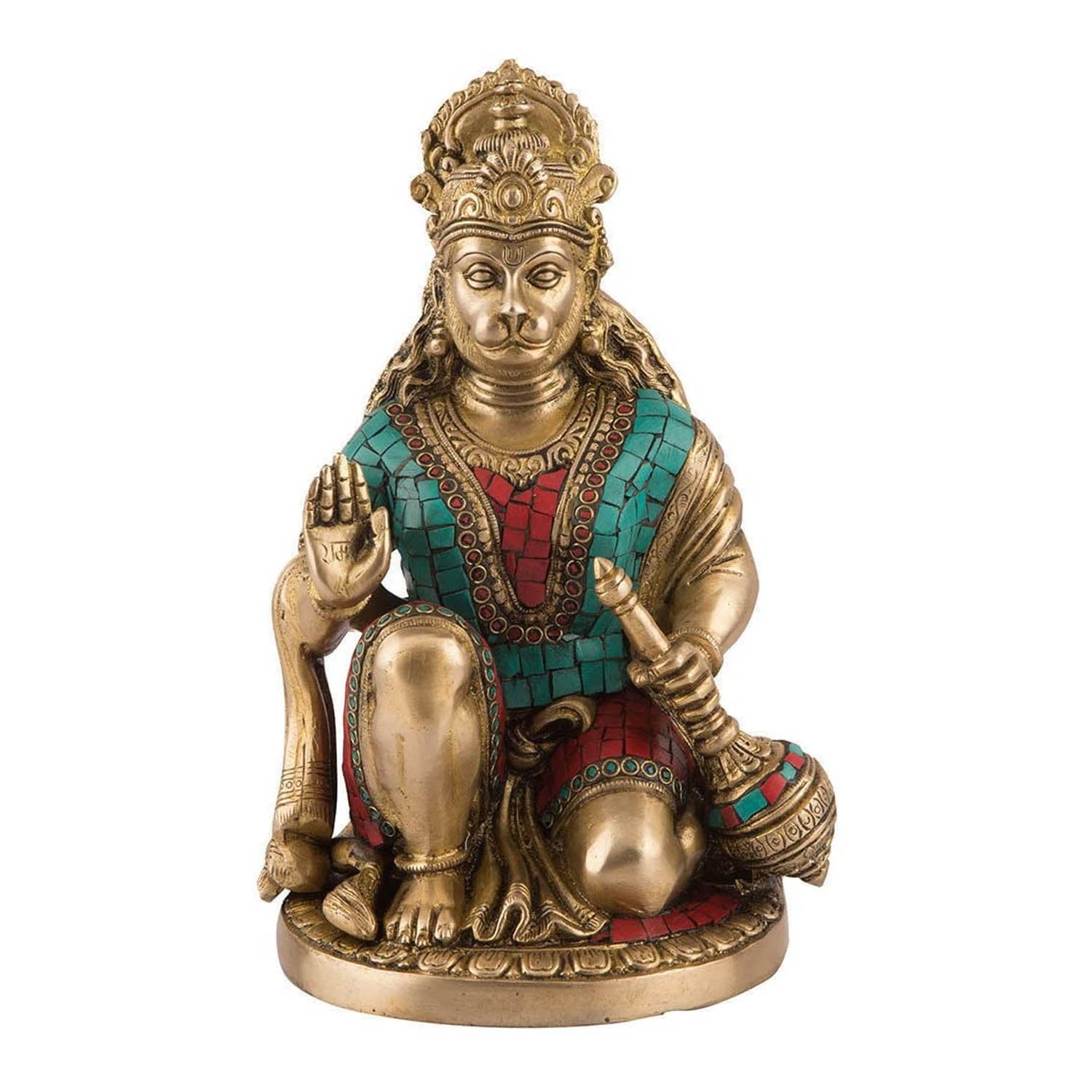 Brass Hanuman Murti in Blessing Sculpture with Gada Statue