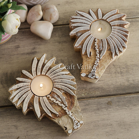 Wooden Block Print Tree Shaped TLight Candle Holder (Set of 2)