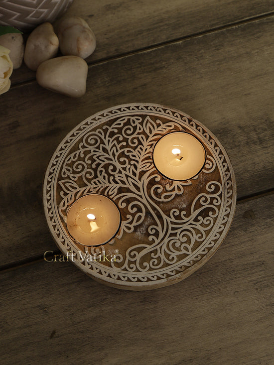 Wooden Tree of Life Round Tea Light Candle Holder (Set of 1)