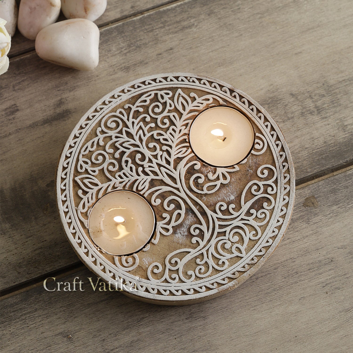 Wooden Tree of Life Round Tea Light Candle Holder (Set of 1)