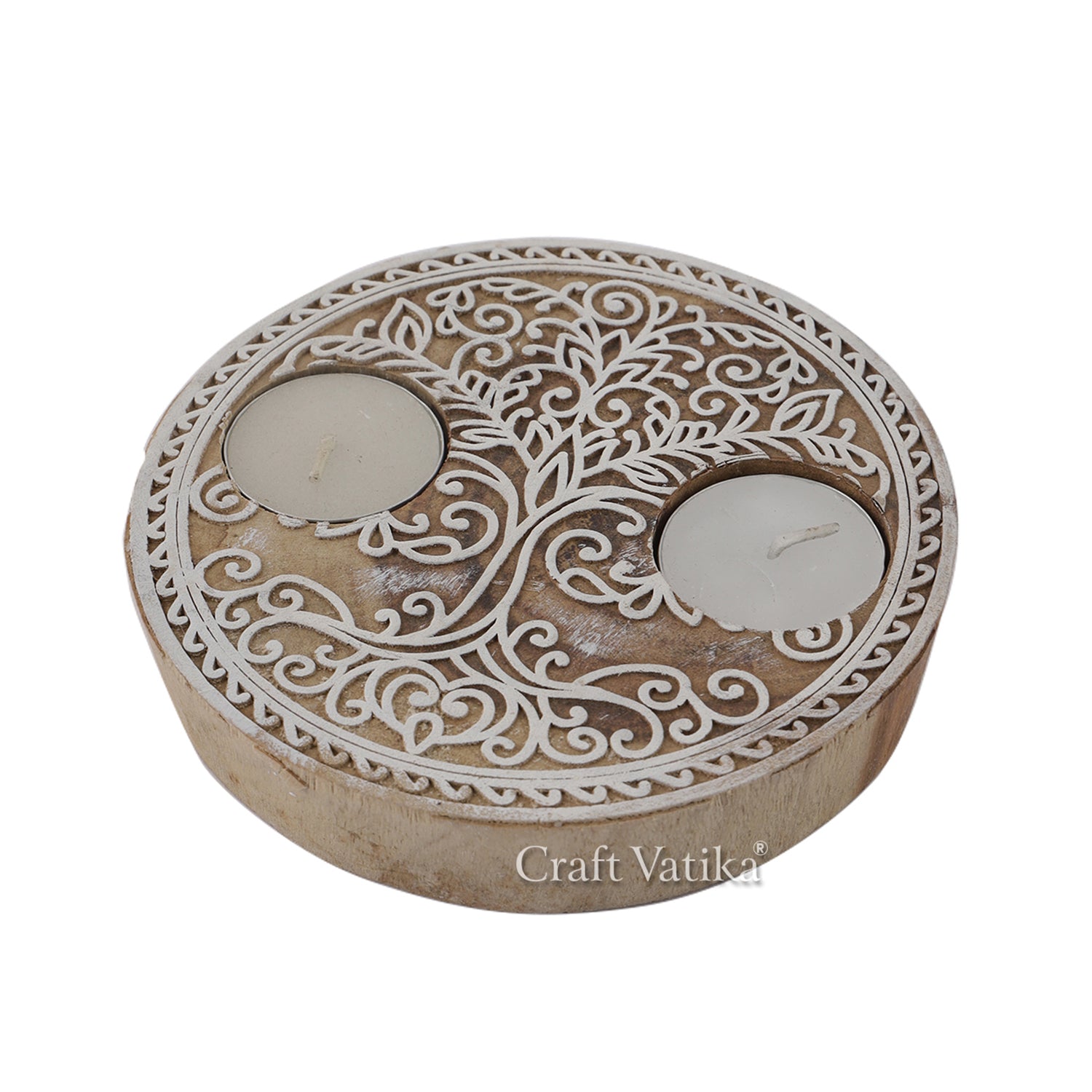 Wooden Tree of Life Round Tea Light Candle Holder (Set of 1)