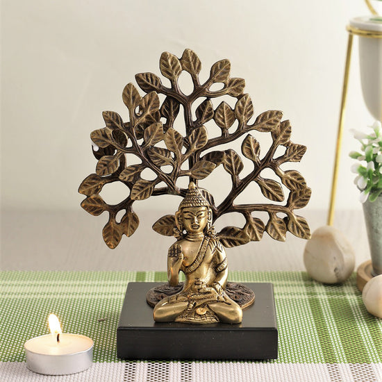 Brass Blessing Buddha Idol Under Tree Statue