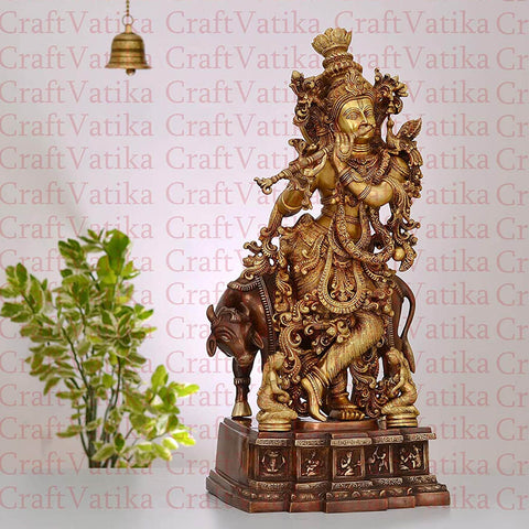 Krishna Playing Flute with Cow Decorative Sculpture Idol Showpiece