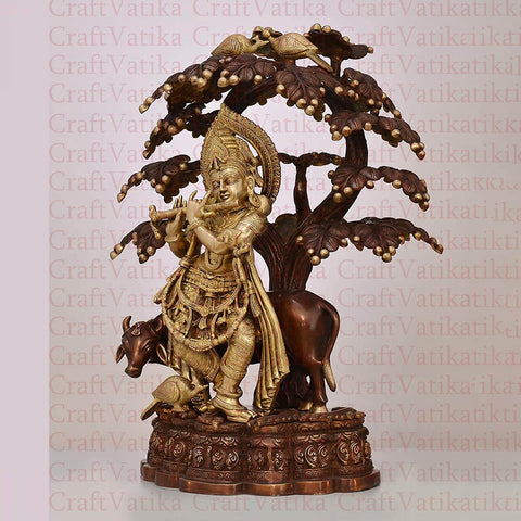 Krishna Playing Flute With Cow Under The Tree Decorative Idol Showpiece
