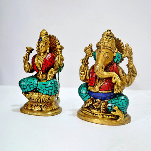 Pair Of Lakshmi Ganesha Brass Idol Murti Statue