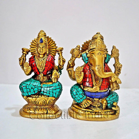 Pair Of Lakshmi Ganesha Brass Idol Murti Statue