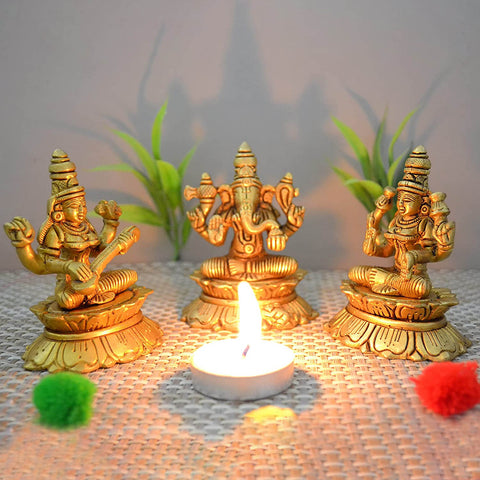 Lakshmi Ganesha Saraswati Brass Statue for Home Puja