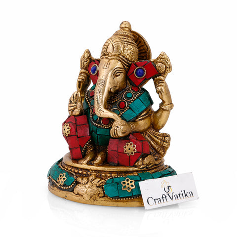 Brass Blessing Ganesh Sitting On Round Base Statue