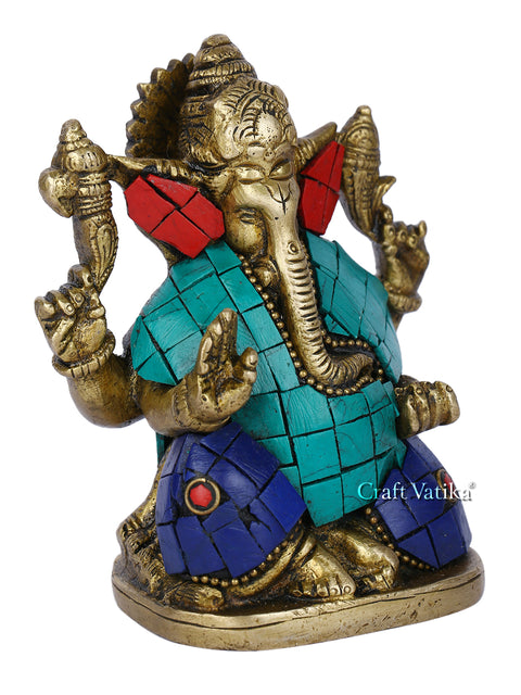 Brass Blessing Ganesh Chaturbhuj Posing Idol Murti Gts214