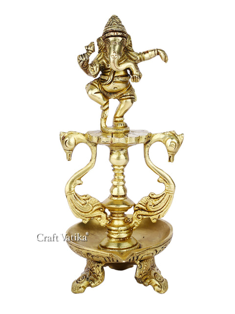 Brass Dancing Ganesh With Diya Oil Lamp Statue Gbs196