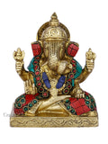 Sitting On Base Blessing Ganesh Idol Statue Brass With Turquoise Gemstones Gts164