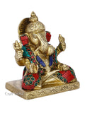 Sitting On Base Blessing Ganesh Idol Statue Brass With Turquoise Gemstones Gts164