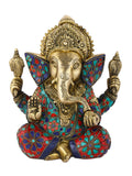 Brass Blessing Long Ear Jolly Ganesha Idol Statue With Colored Stones Gts171