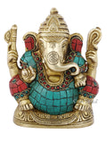 Brass Ganesha Statue With Turquoise Stone Inlay Work Gts253