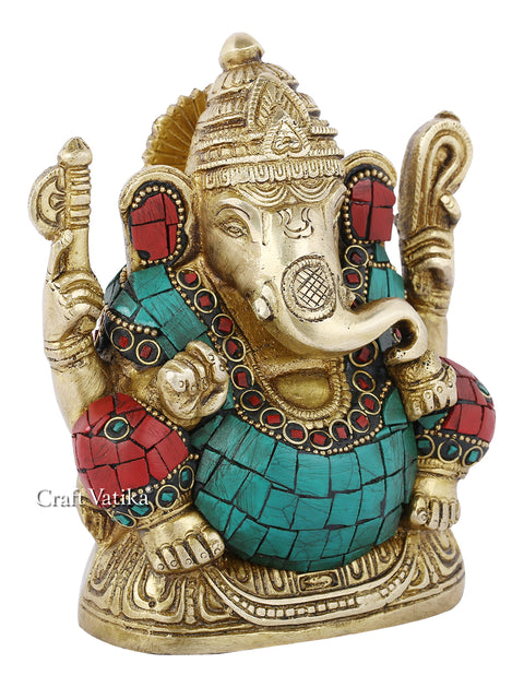 Brass Ganesha Statue With Turquoise Stone Inlay Work Gts253