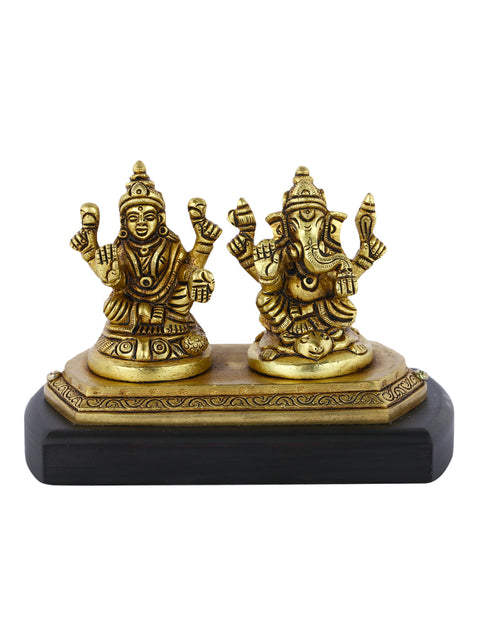 Brass Laxmi Ganesha Idol Murti Sitting On Wooden Base Statue Lgbs124