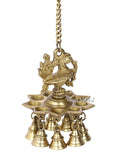 Brass Peacock Diya Oil Lamp With Bells Hanging Showpiece Dfbs161