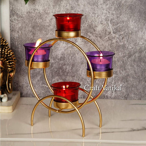 Iron Tealight Candle Holder With 4 Glass Cup Candles Stand Table Home Decor