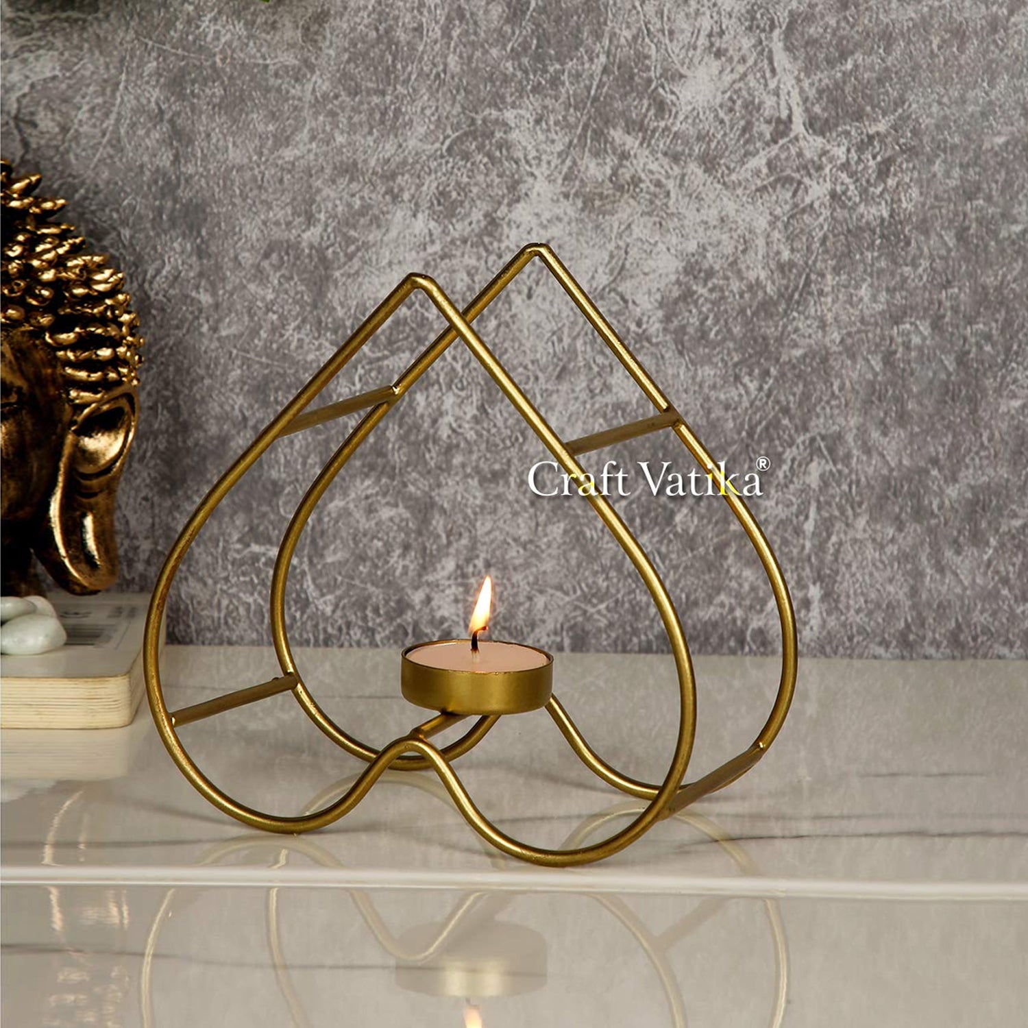 Metal Heart Shape Tealight Candle Holder Stand Showpiece